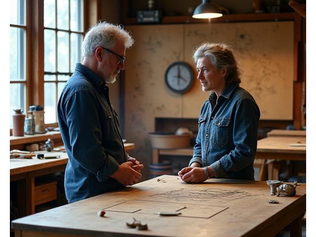 Founders discussing fishing rod designs in an artisanal workshop.