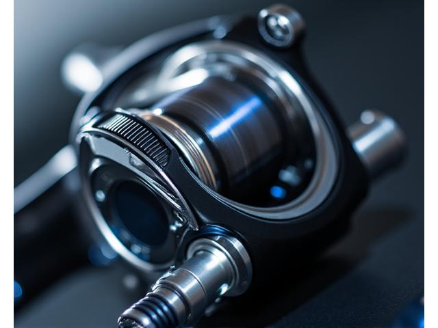 Sleek, high-performance fishing reel with intricate mechanical details